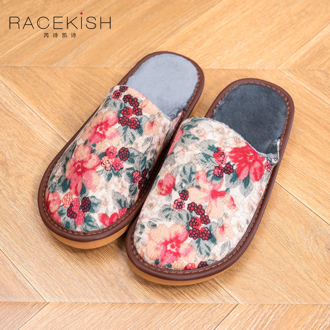 Racekish秋冬新款棉麻印花拖鞋加厚加绒保暖防滑软底耐磨保暖