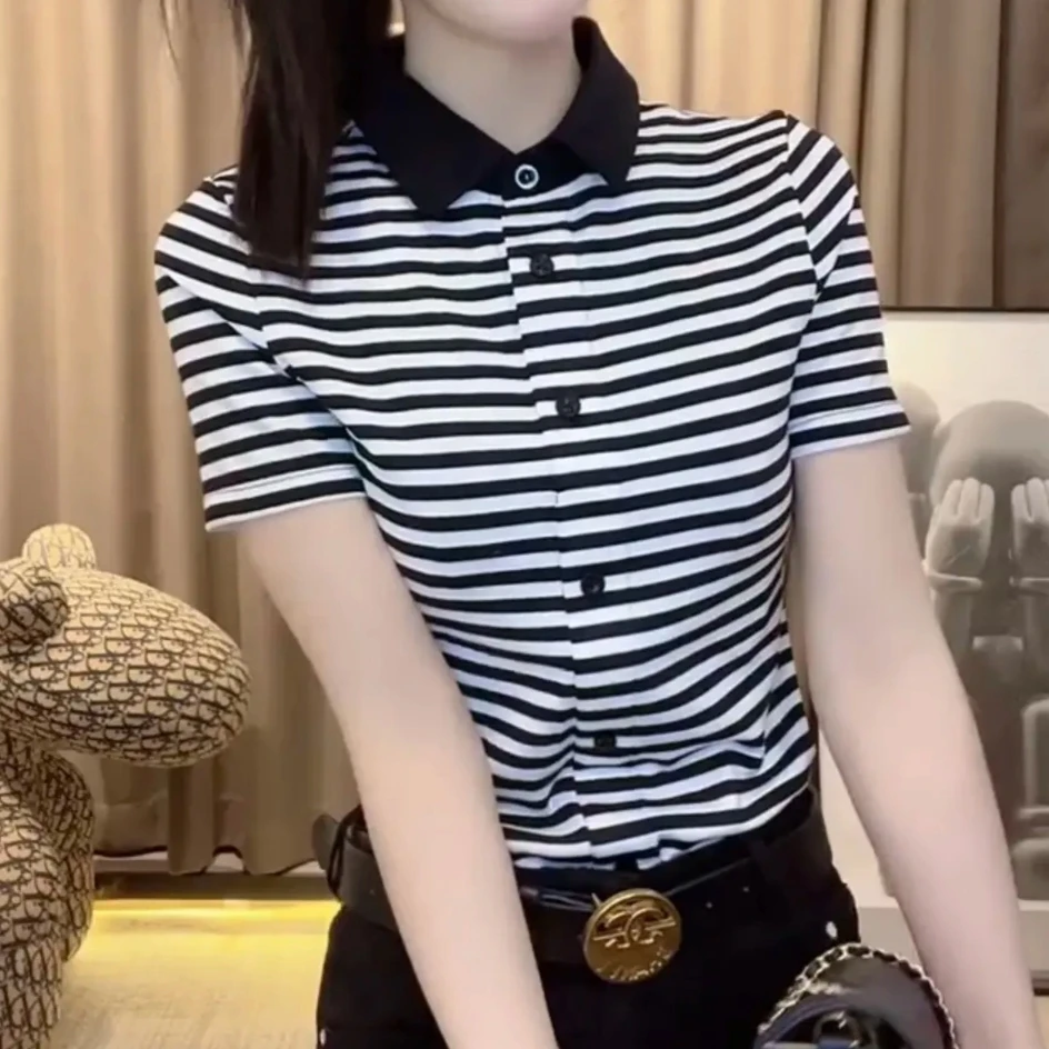 欧洲站2025新款韩版修身显瘦气质条纹上衣短袖洋气女装潮