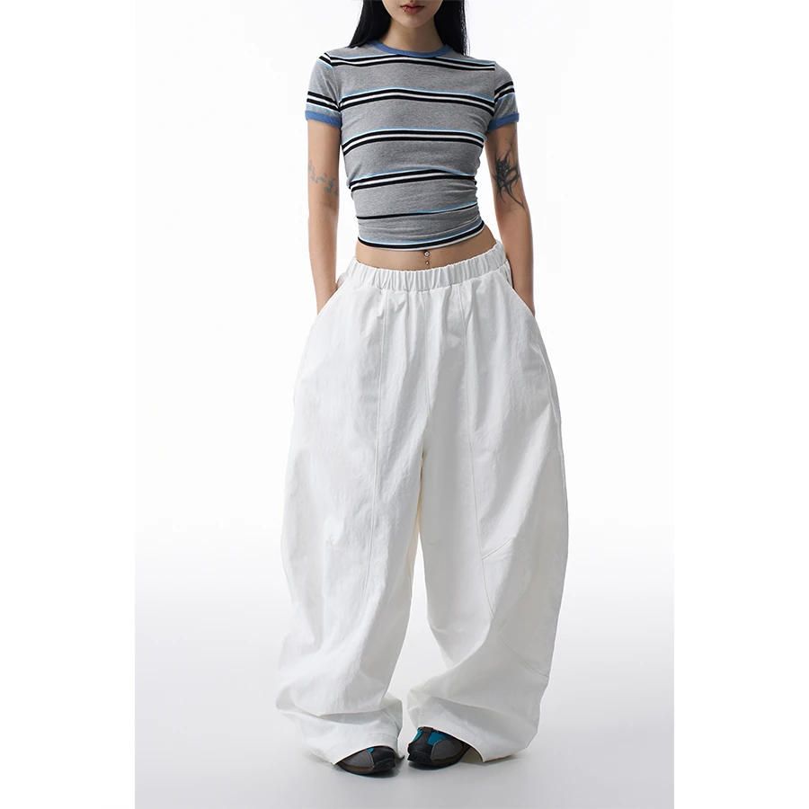 AGUA机能气球裤女小众廓形白色弯刀裤空气感褶皱宽松休闲香蕉裤子