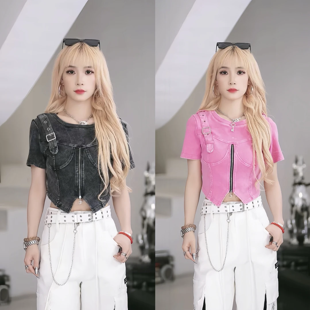 【笑姐定制】D92593 原创小心机百搭背带胸前拉链做旧短袖 彩色