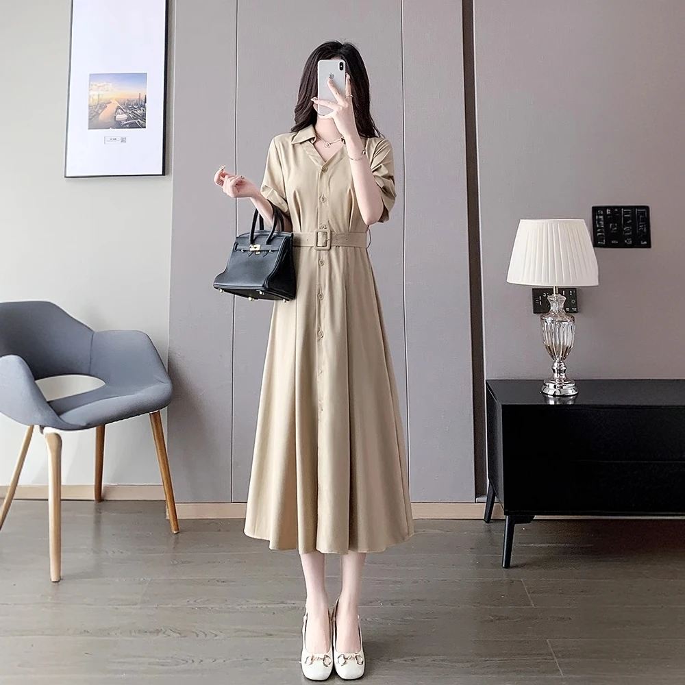 纳霍浦勒高级感连衣裙女夏季新款翻领气质职业大方得体衬衫裙子