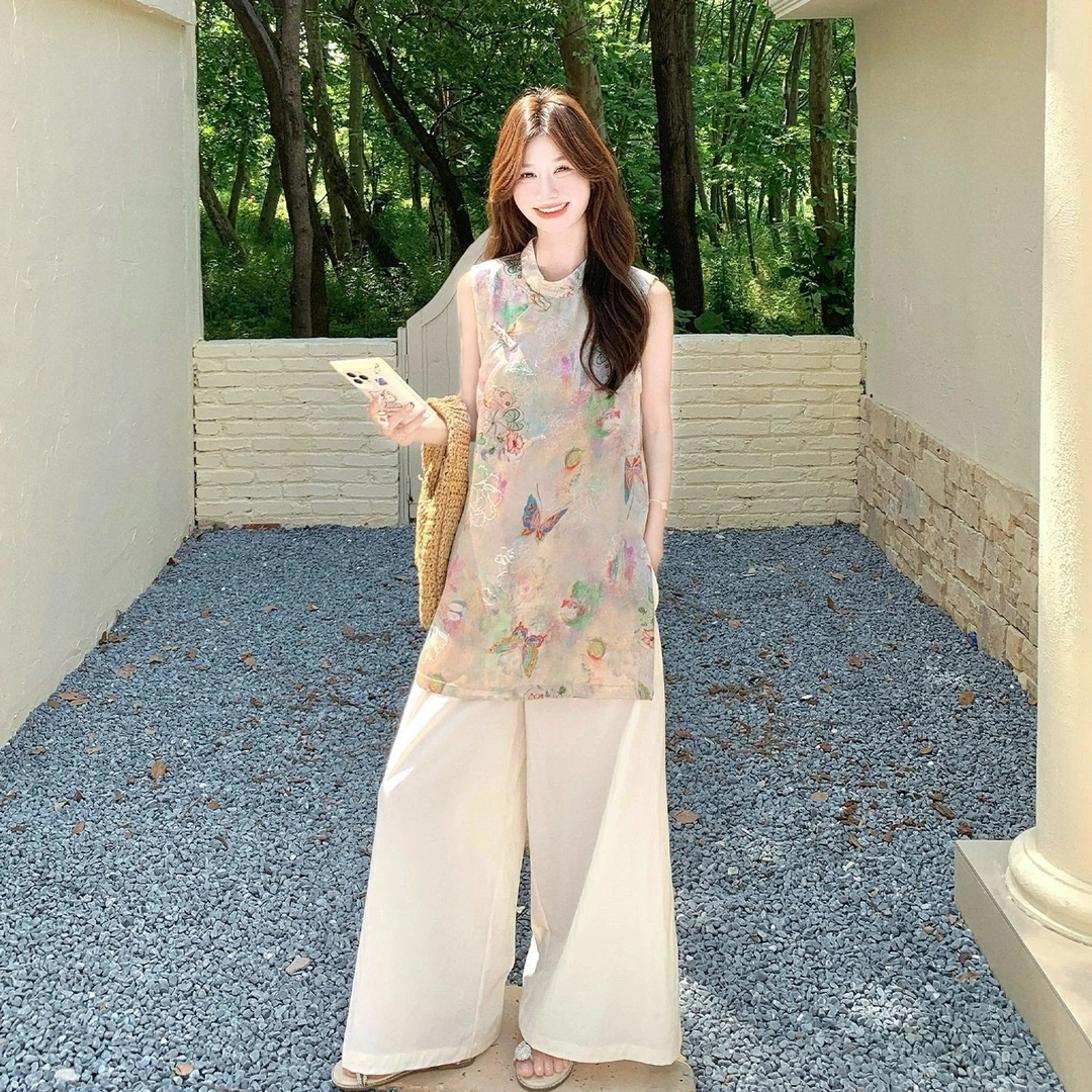 新中式国风套装睡衣女夏贵气感改良旗袍上衣阔腿裤两件套可外穿