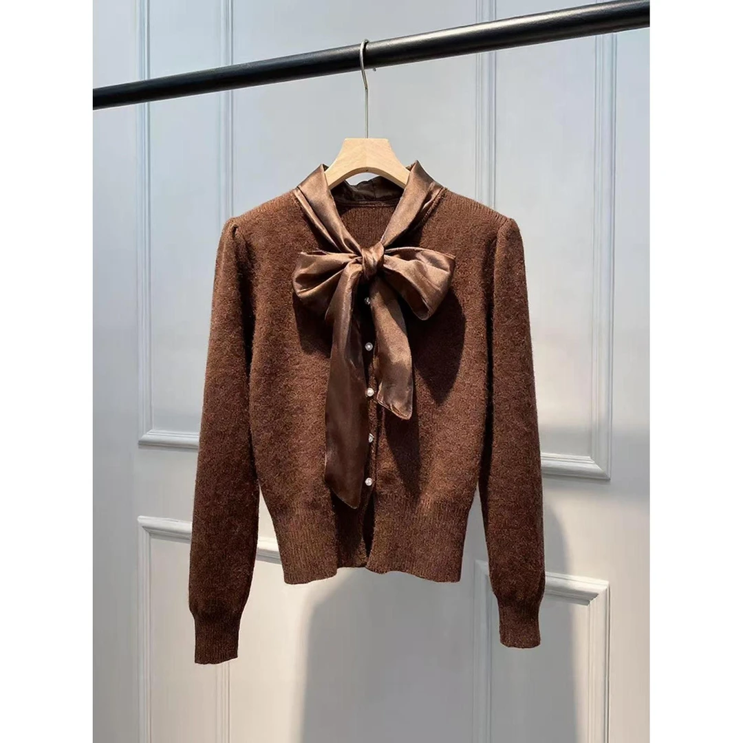 SS5423法式温柔风丝巾系带蝴蝶结高级感韩版针织开衫外套秋冬上衣