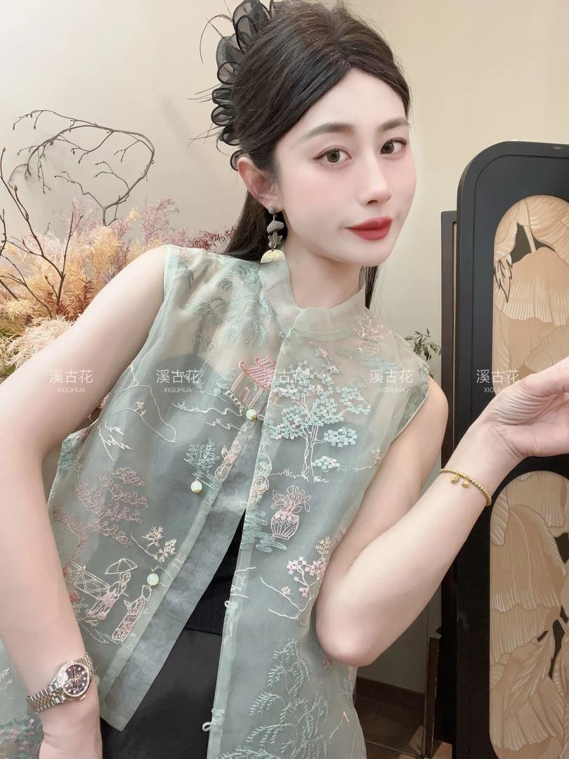 【青丘】2025夏季新款新中式马甲女宽松圆领薄款马夹刺绣