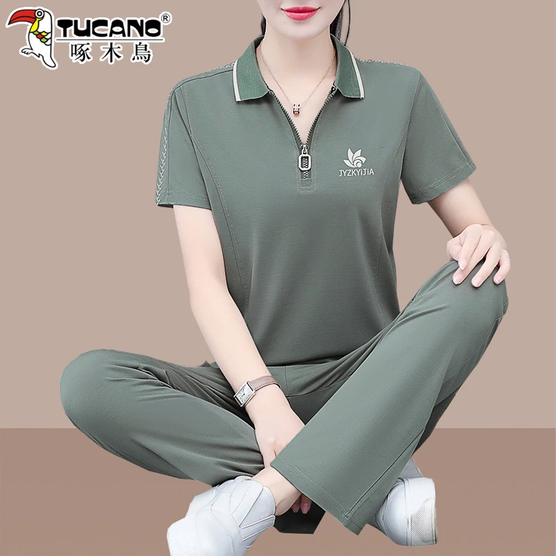 啄木鸟翻领运动套装女小个子2025新款夏季洋气薄款速干两件套夏装