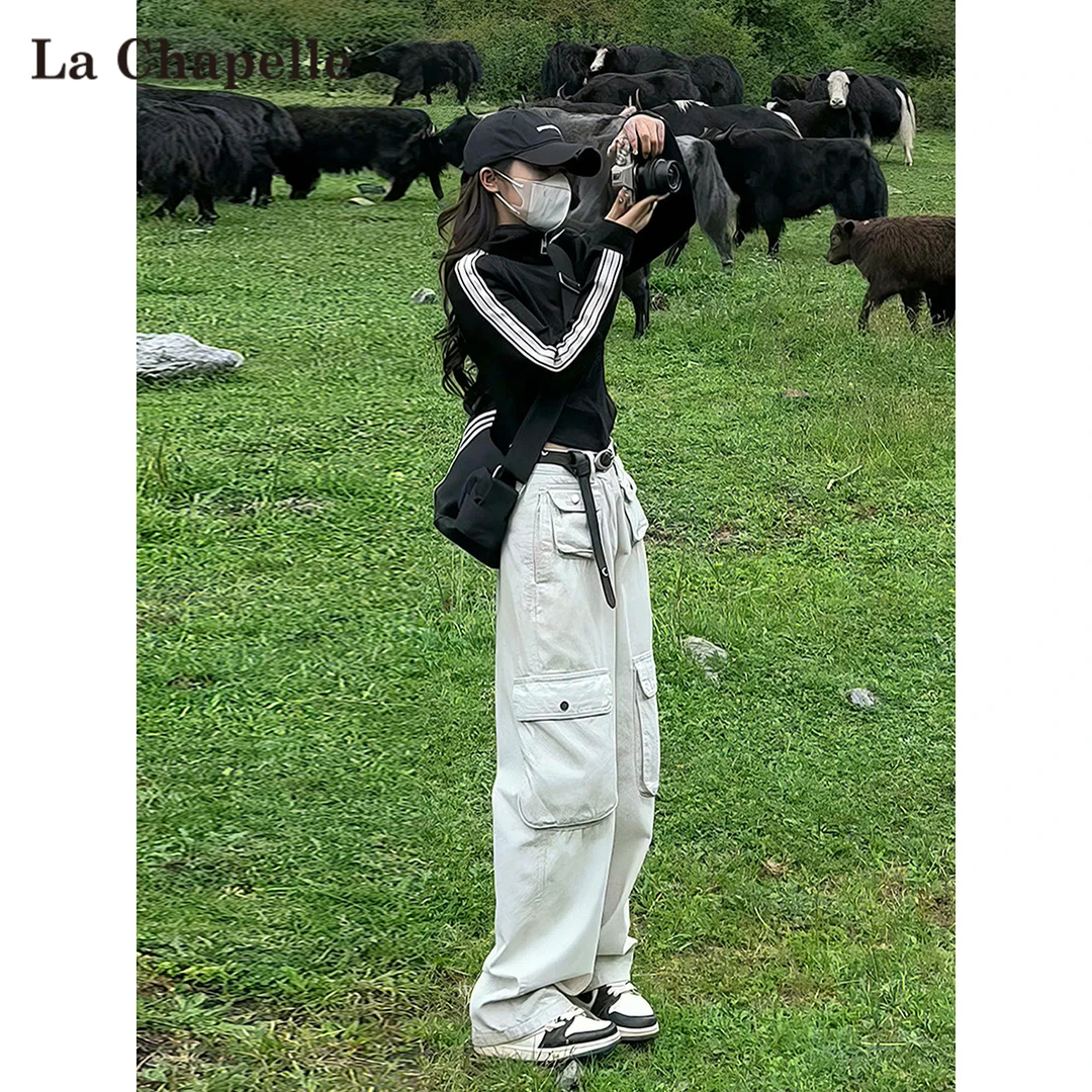 拉夏贝尔美式复古工装牛仔裤女春秋2025新款高腰宽松多口袋阔腿裤