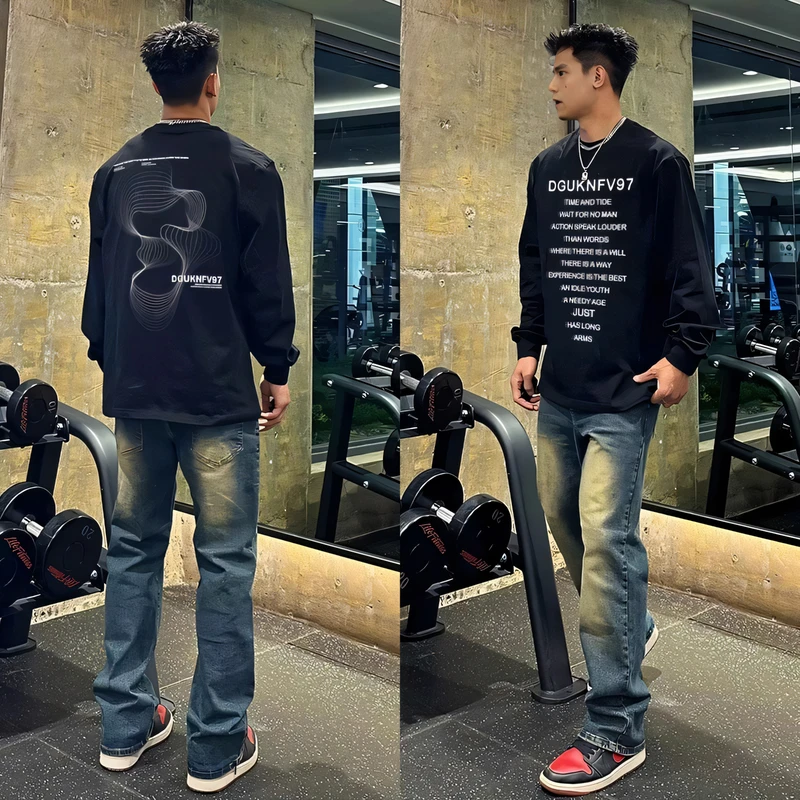 特大码300斤圆领设计感字母印花长袖T恤男春秋季宽松休闲潮流上衣