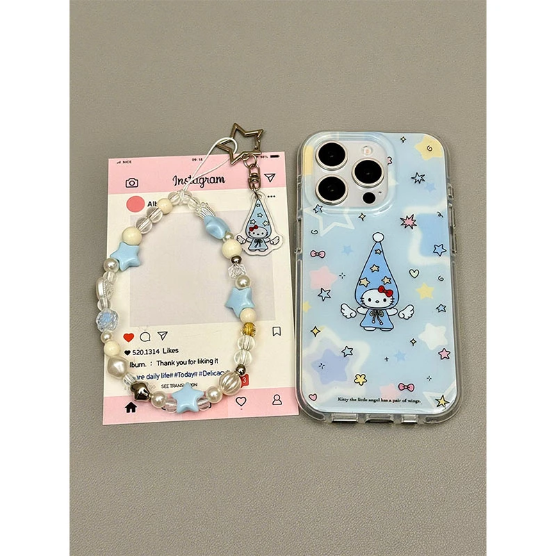 ins晕染蓝底星星尖帽kitty猫适用苹果16手机壳iPhone16promax新款