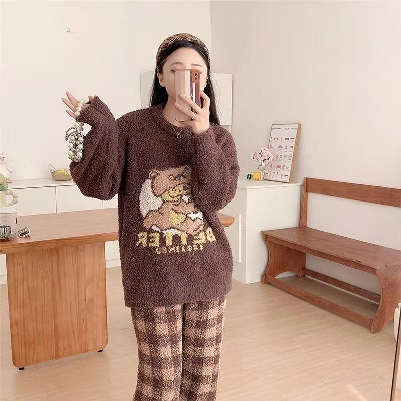【妍凯琳】半边绒家居服咖色小熊套装秋冬新款加绒加厚卡通宽松减龄