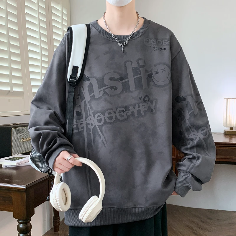 圆领卫衣男春秋休闲宽松长袖时尚男潮流青少年帅气百搭印染上衣服