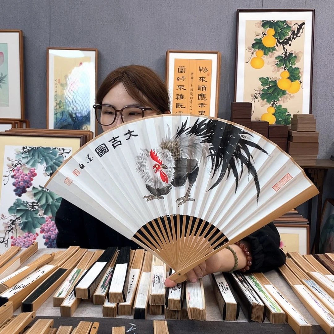 国画95寸玉竹-纯手绘-文玩扇骨（默认粘好）公鸡