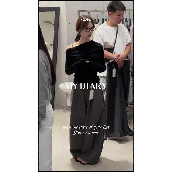 斜领露肩长袖针织衫女薄款气质新款内搭打底衫设计感上衣长裤套装