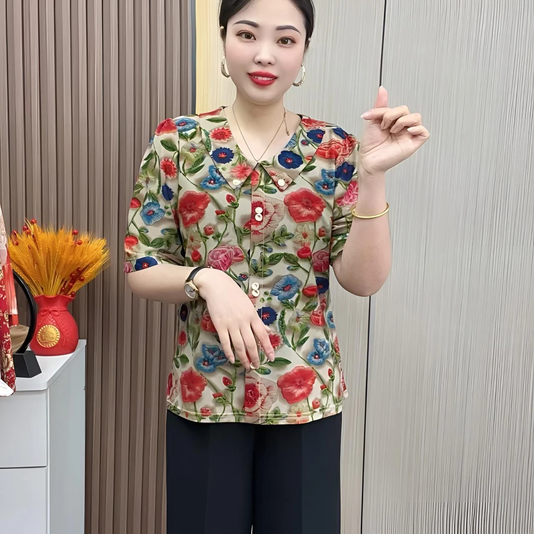 夏季新款时尚妈妈装洋气百搭大码中老年娃娃领中袖打底衫女装