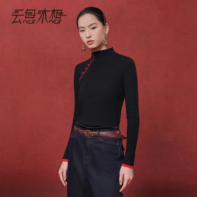 Ysimo-X云思木想 墨羽红妆 新款高领撞色斜襟植绒扣毛针织衫14379