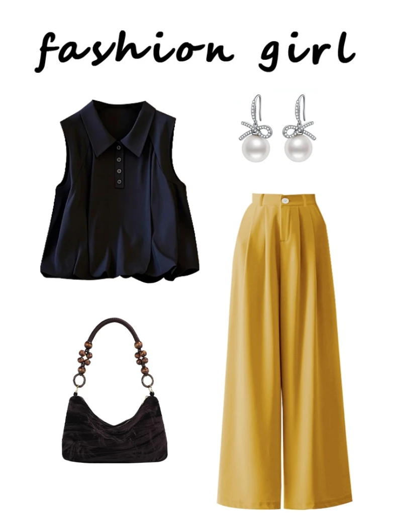 2025夏季超火夏装大方得体气质套装端庄大气轻奢姜黄色长裤一整套