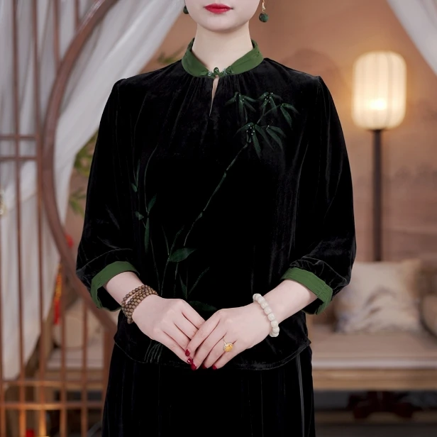 【100%桑蚕丝】高端定钻手绘真丝绒上衣女士秋冬季妈妈装818936