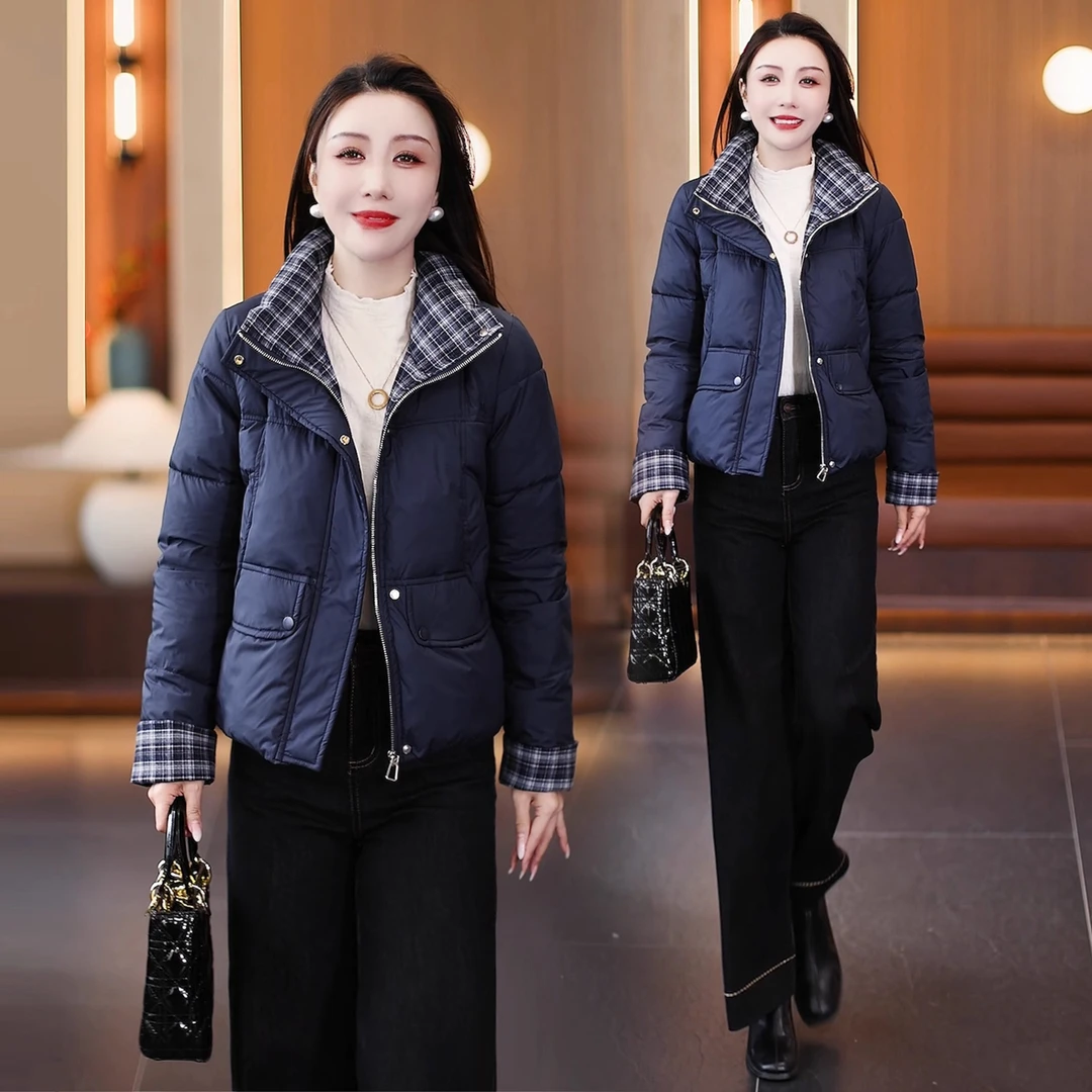 时尚短款棉服女2025冬季新款小个子格子拼接宽松保暖洋气棉袄外套
