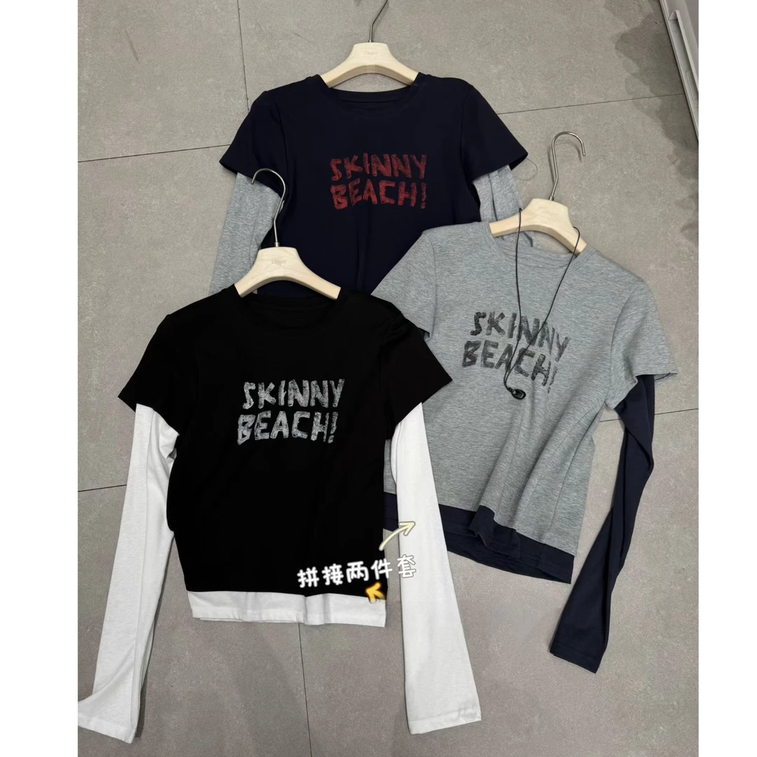 【减龄公式】秋冬季新款韩版显瘦设计感拼接假两件字母长袖T恤女