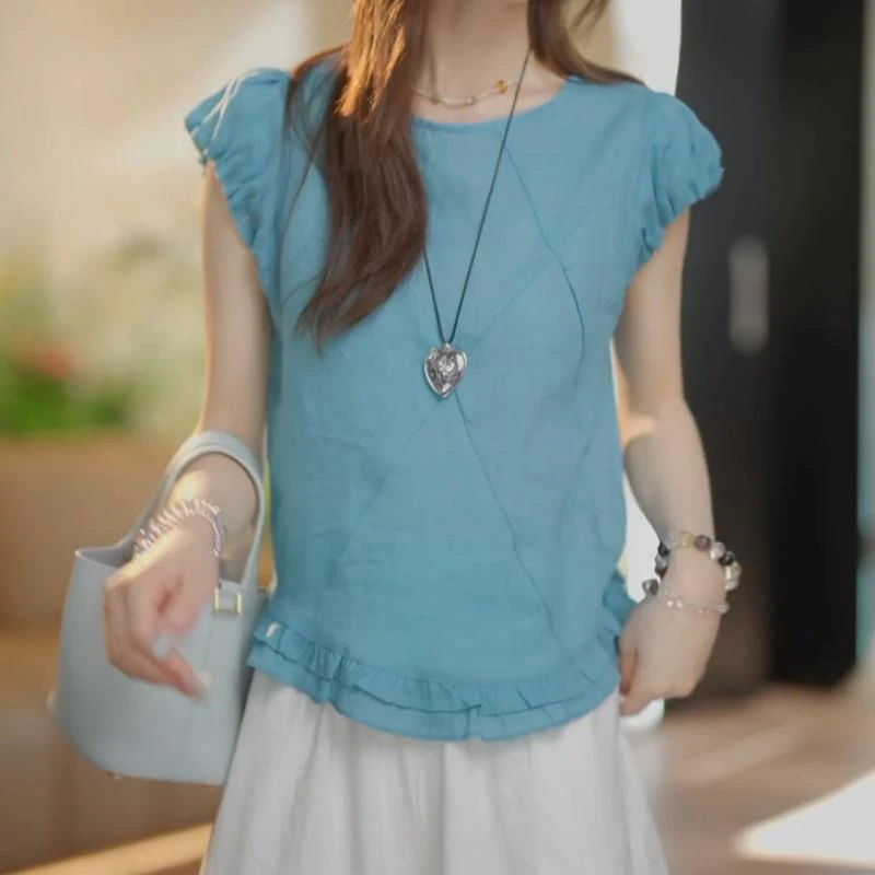 简约设计感高级感时尚短袖2025夏装法式圆领小清新气质纯色上衣