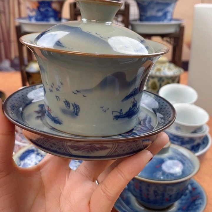 摆件陶老陶泥富春山居图马蹄盖碗