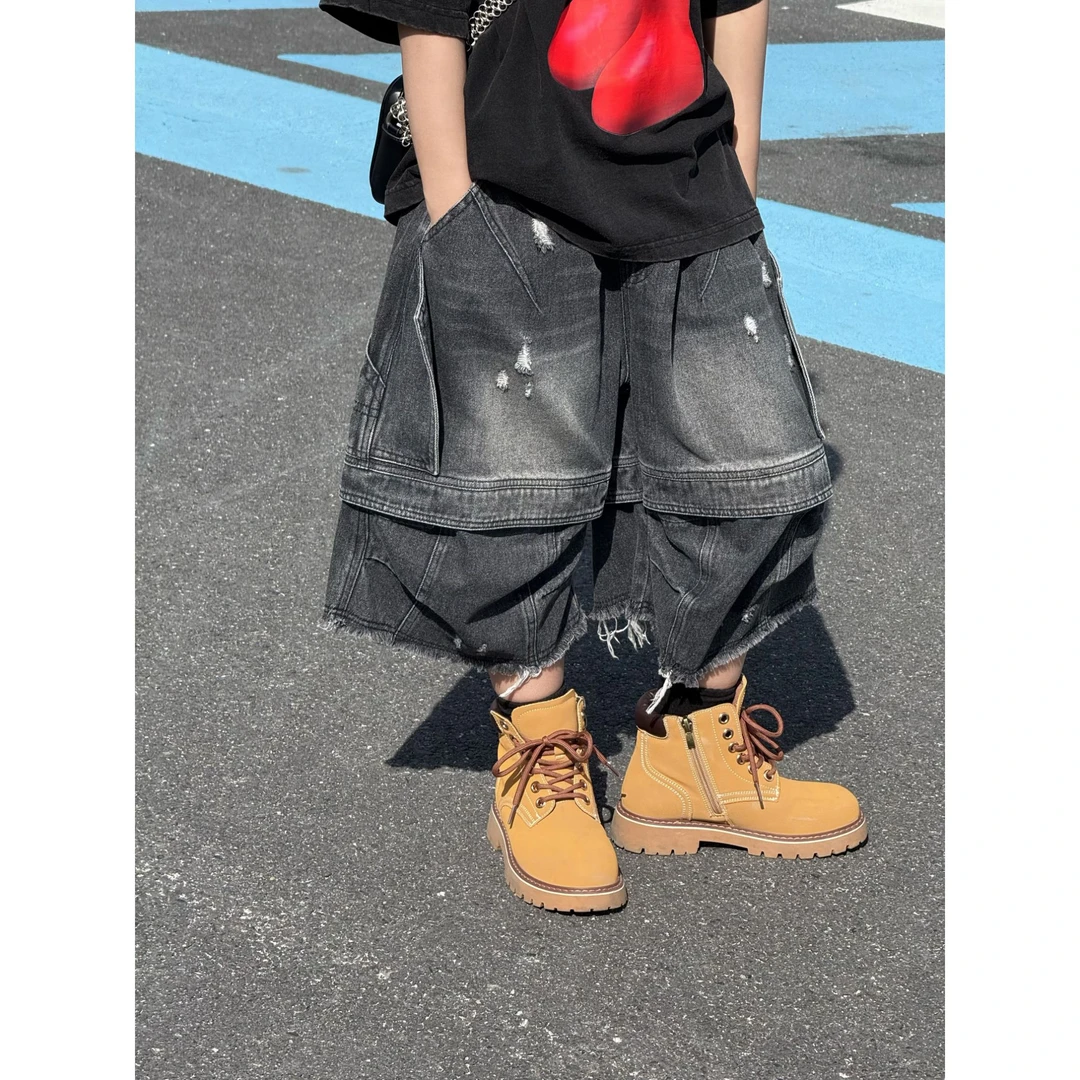 现货THE LUHAN【做旧特工】夏季复古亲子装中大童韩版牛仔短裤25206