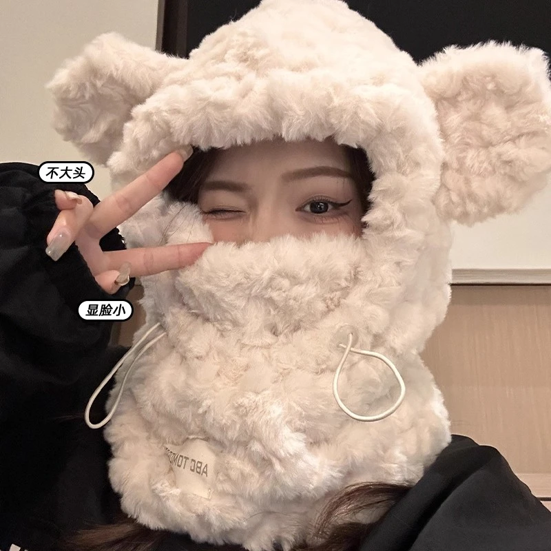 可爱毛绒绒小熊帽子女冬季加厚加绒雷锋帽子围巾一体护耳保暖骑车