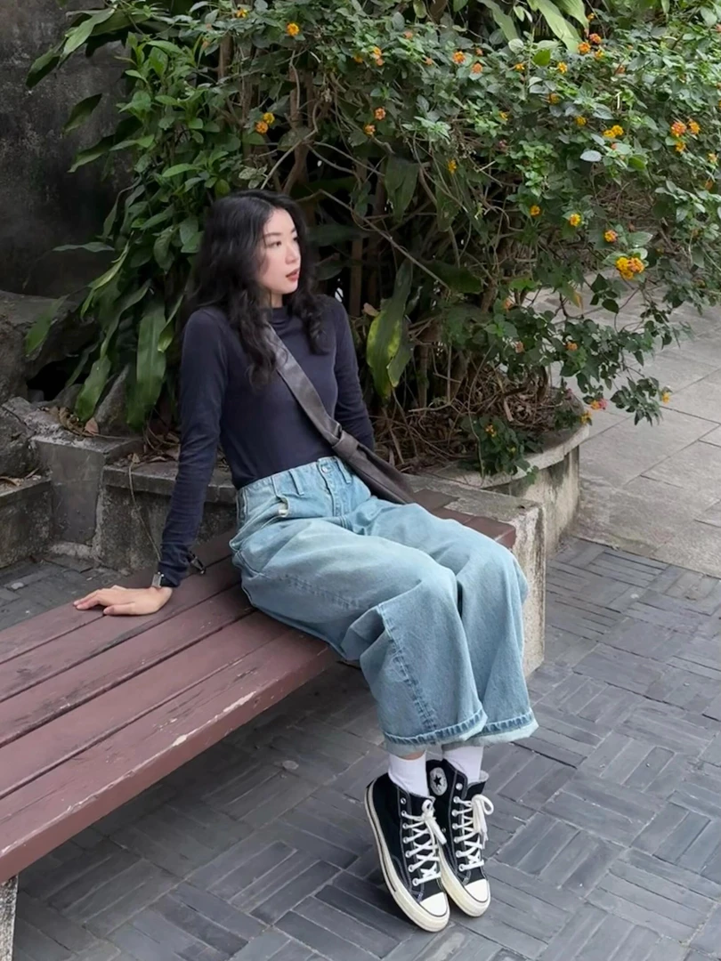 2025秋季新款气质简约韩系穿搭百搭长袖上衣复古阔腿牛仔裤套装