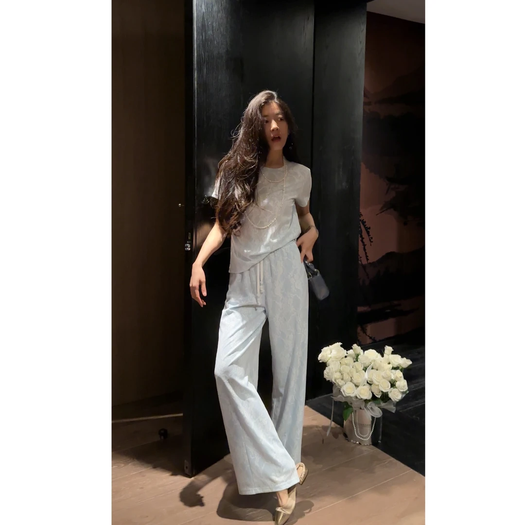 N.COU妮蔻25夏新款洋气休闲时尚蕾丝拼接烫钻T恤裤子套装DY79239