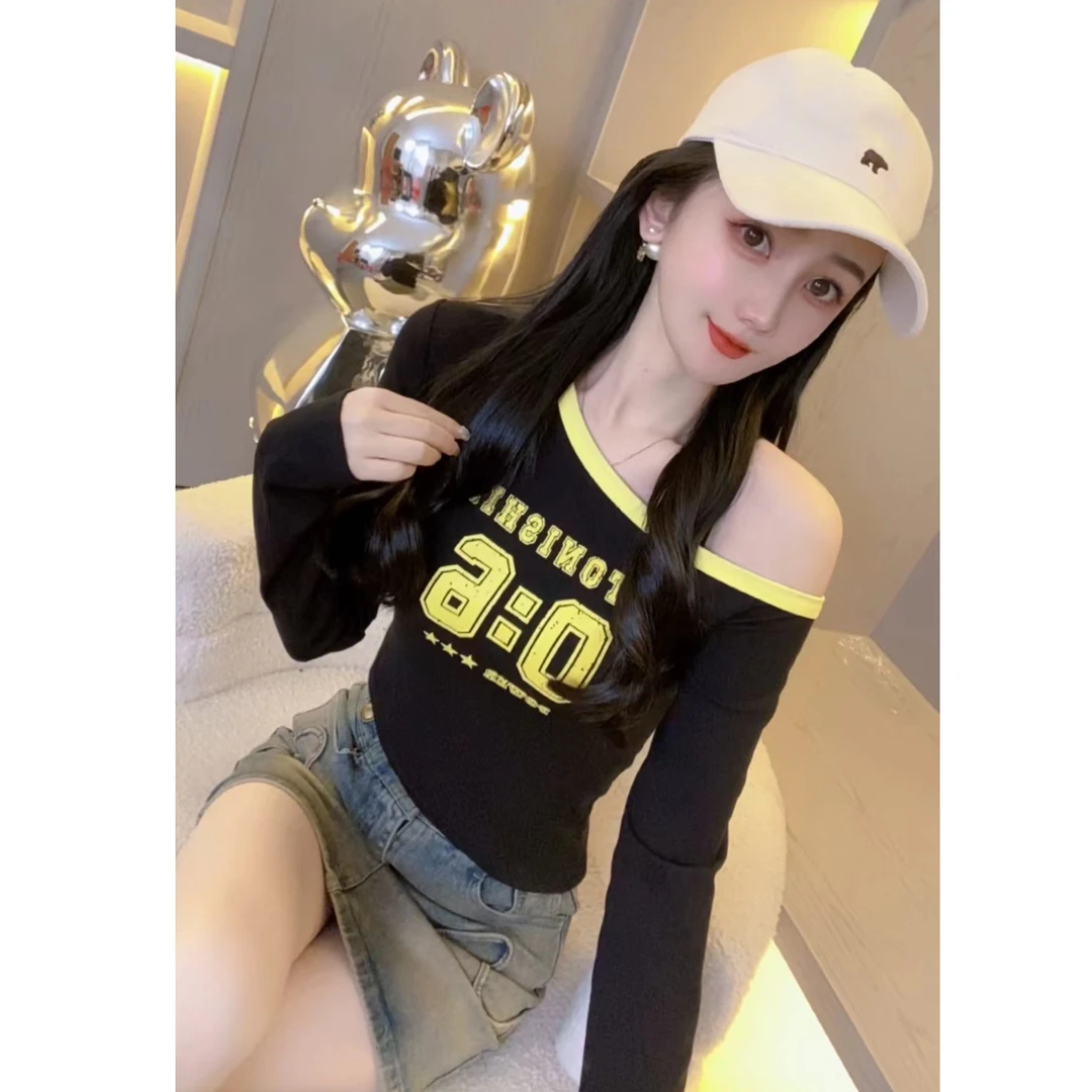 【小伊309斜领字母】2025春款打底衫女长袖性感