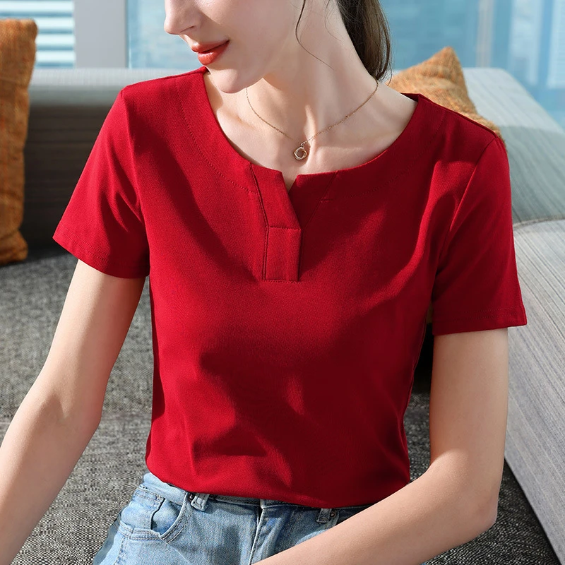 时尚短袖T恤女2025年新款女装纯色圆领棉体恤别致设计感收腰上衣
