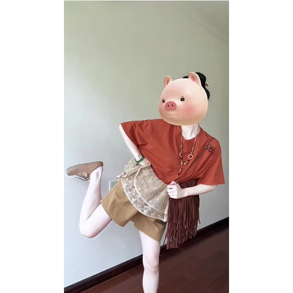 韩系橘色圆领拼接蕾丝短袖夏季直筒宽松甜美上衣百搭短裤两件套