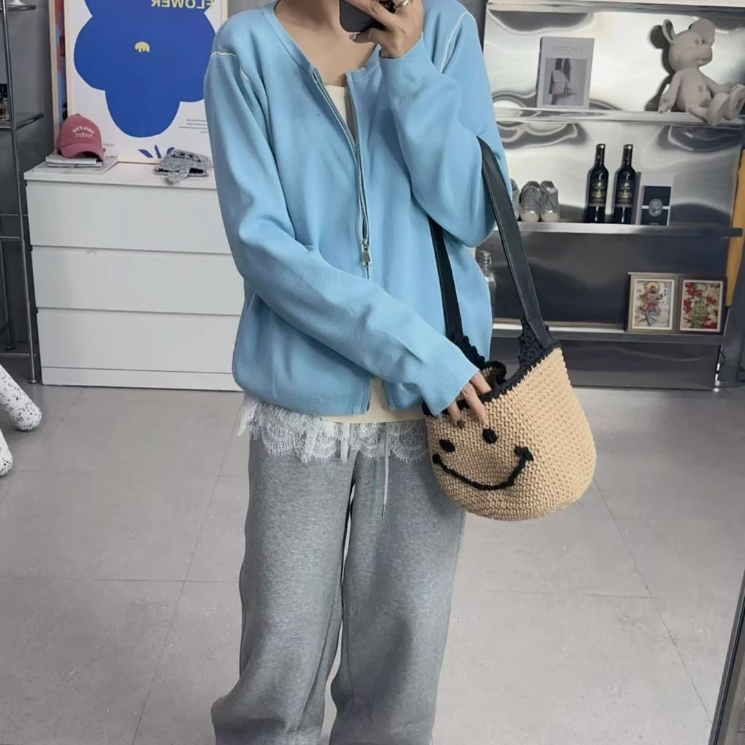 SISTERS补天蓝色圆领针织拉短外套【68-62胸围单】