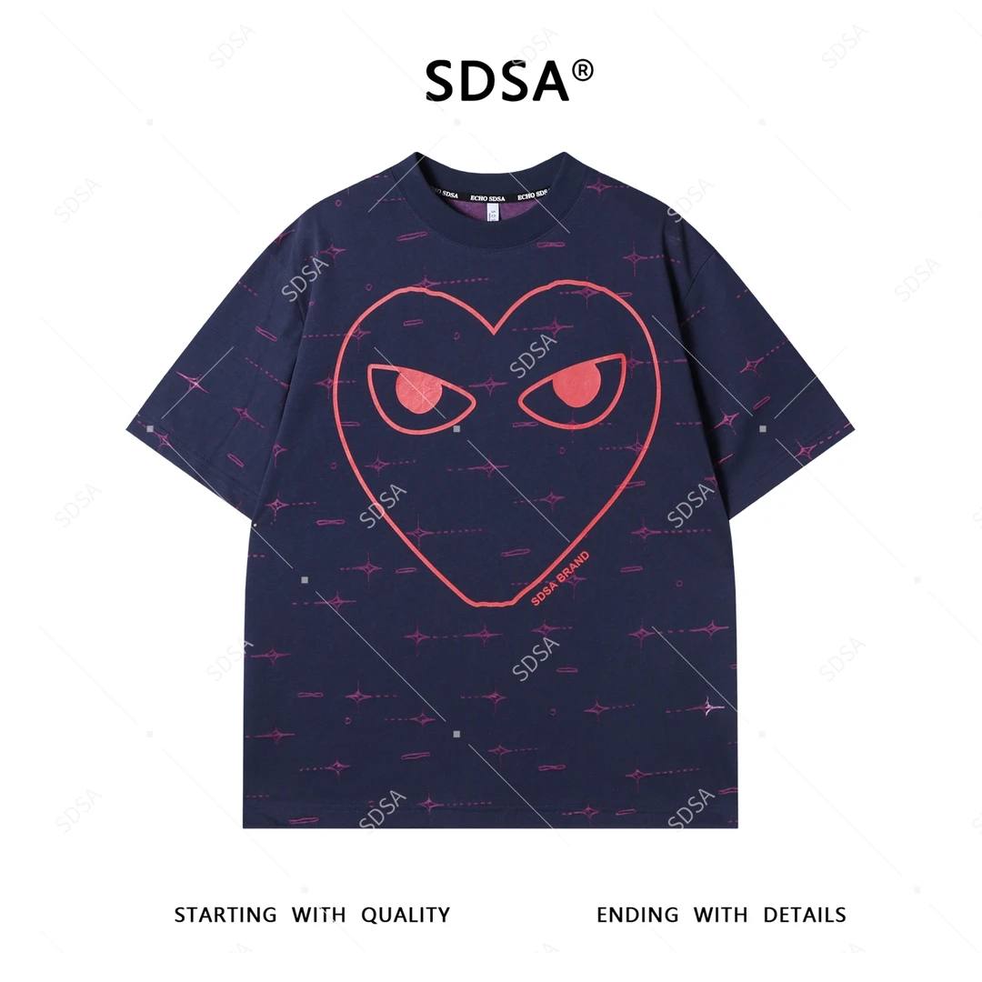 SDSA夏季新款男士痞帅潮牌割破爱心印花圆领短袖T恤时尚宽松上衣