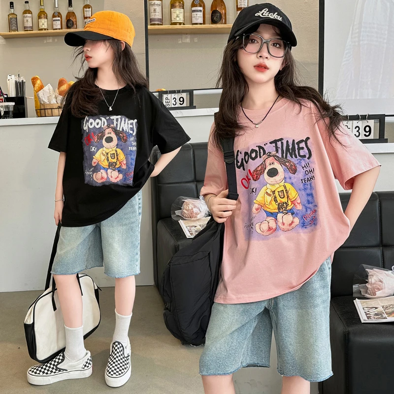 女童套装夏季2025新款儿童装洋气时髦短袖T恤女大童夏装牛仔中裤