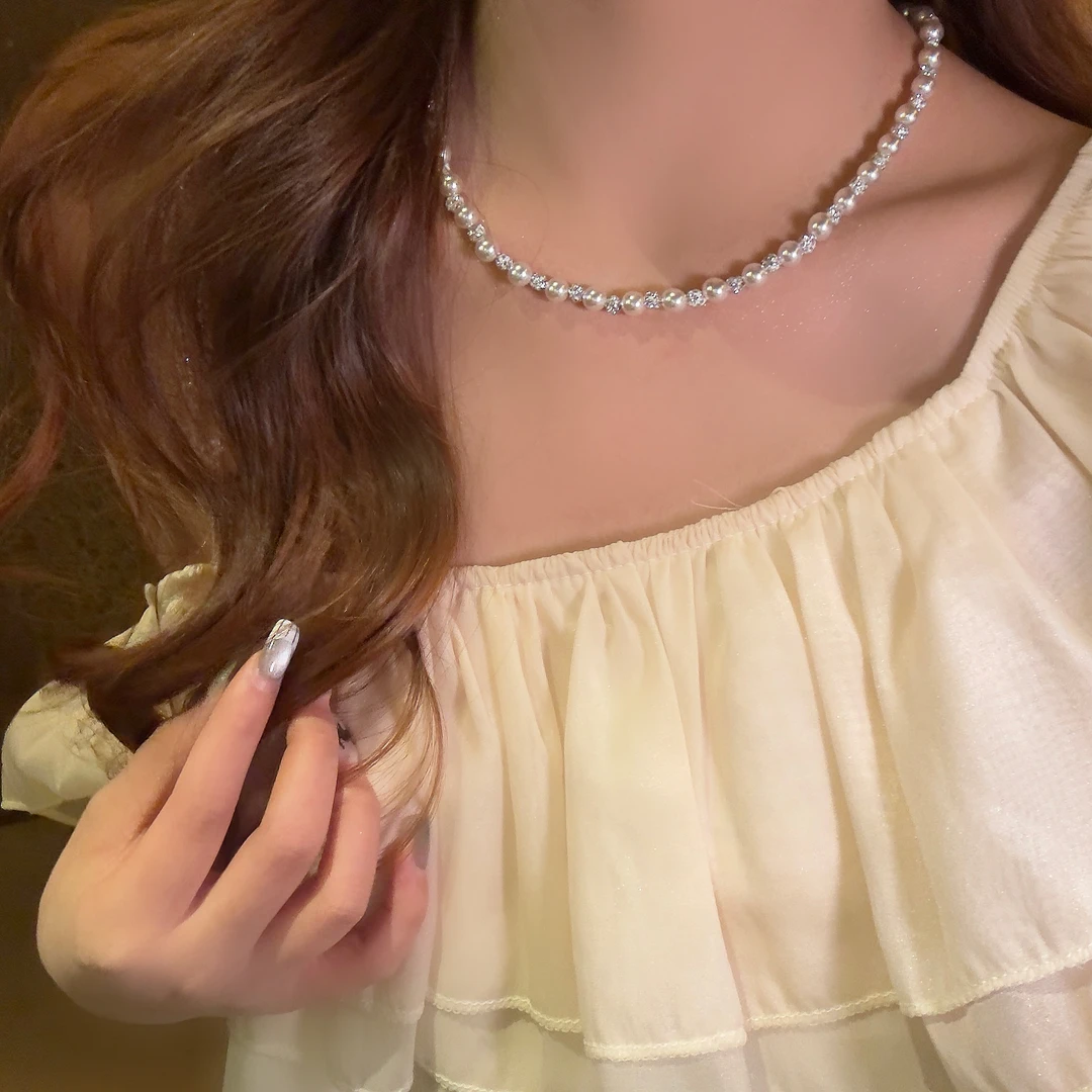 铜合金锆石项链 夏日轻奢闪锆曼塔玫瑰珠珠项链女气质百搭锁骨链