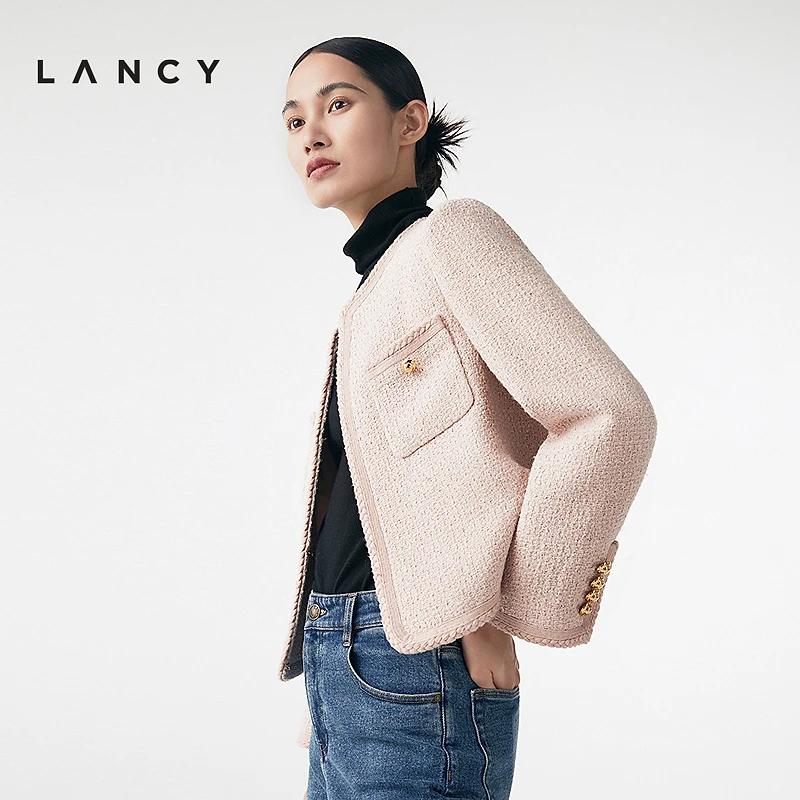LANCY/朗姿秋冬新款粉色小香风外套女气质短外套直筒温柔优雅时尚