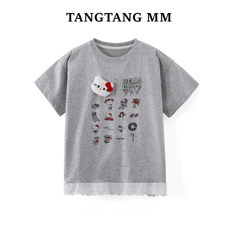 女童T恤夏季新款儿童韩版宽松百搭短袖女孩夏装卡通拼接蕾丝半袖T