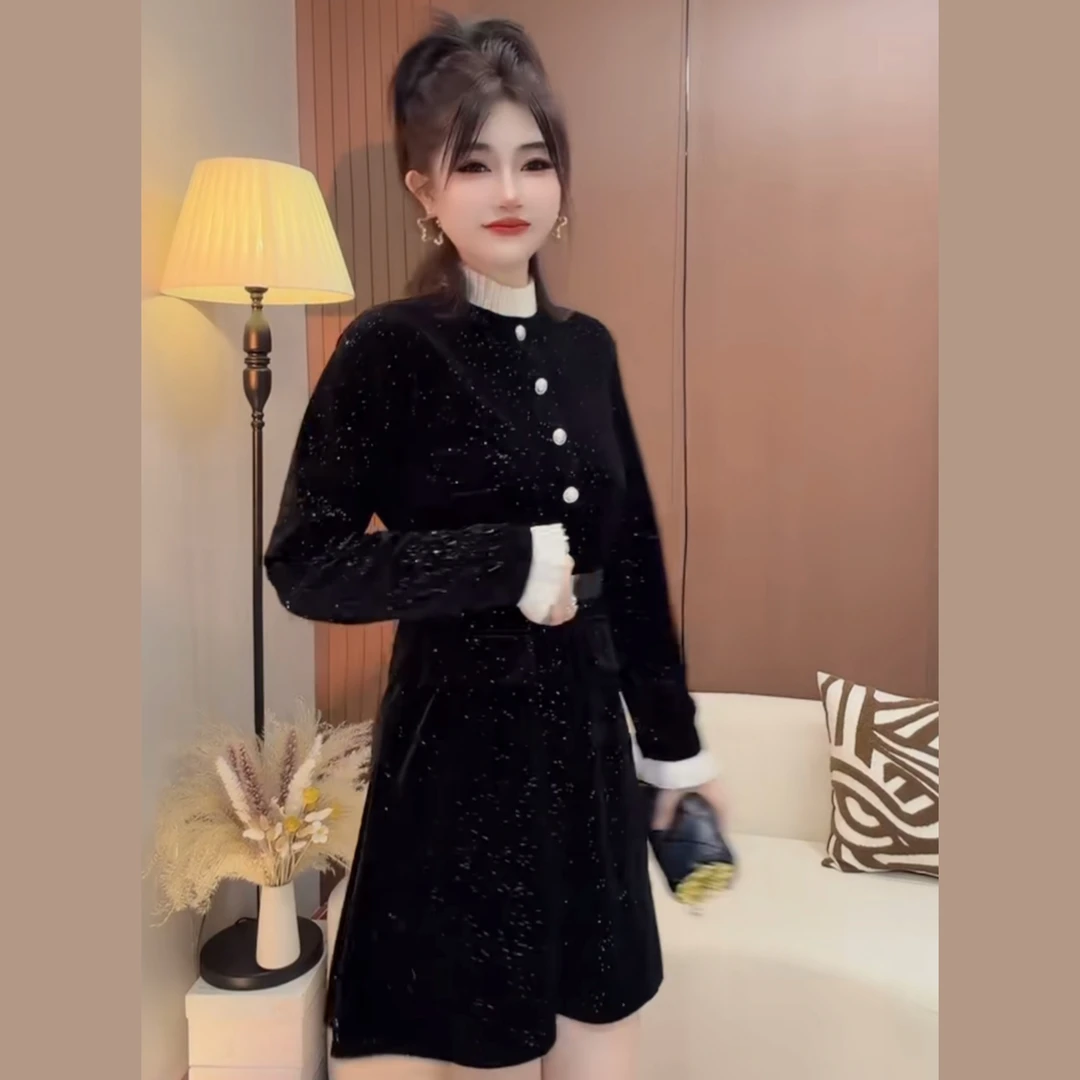 A字裙高腰套头长款圆领高领显瘦气质显瘦气质长袖网红名媛连衣裙