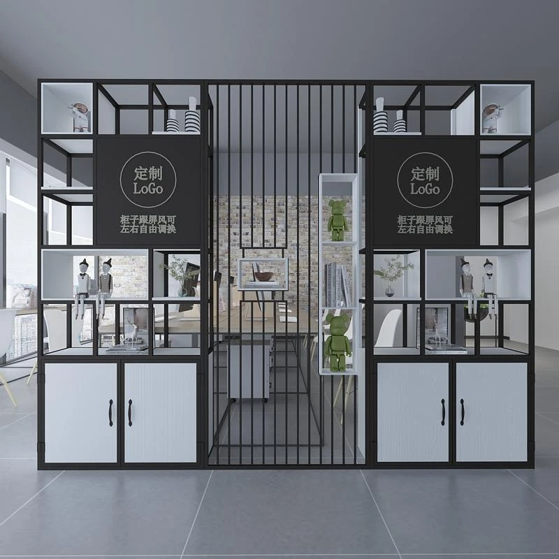 办公室屏风隔断工业风置物架美容院展示架客厅铁艺书架轻奢玄关柜