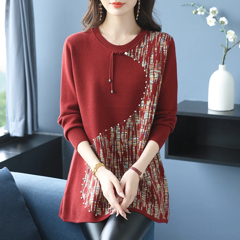 冬季大码女中长款盘扣长袖提花钉珠针织衫圆领宽松洋气妈妈打底衫