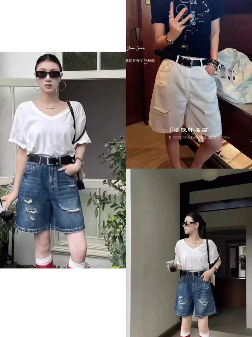 2536高腰蓝色直筒破洞牛仔短裤女夏季新款大码显瘦五分裤