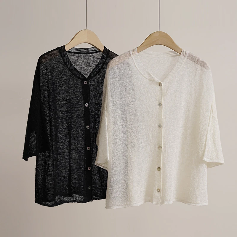 【树影微摇】夏季沙爽轻薄松弛感混纺针织开衫女士上衣淡人（250900）