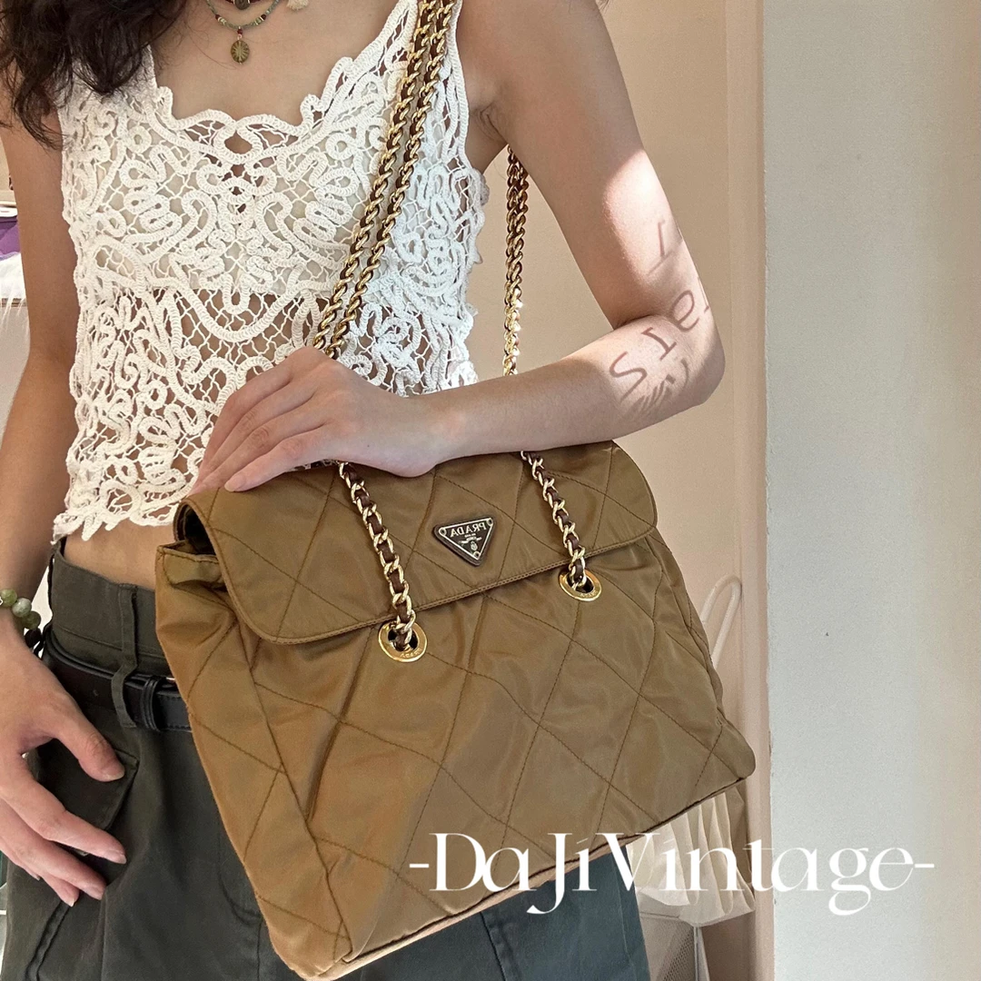 99新 Prada/普拉达 大吉中古/Prada金棕30翻盖降落伞拖特包