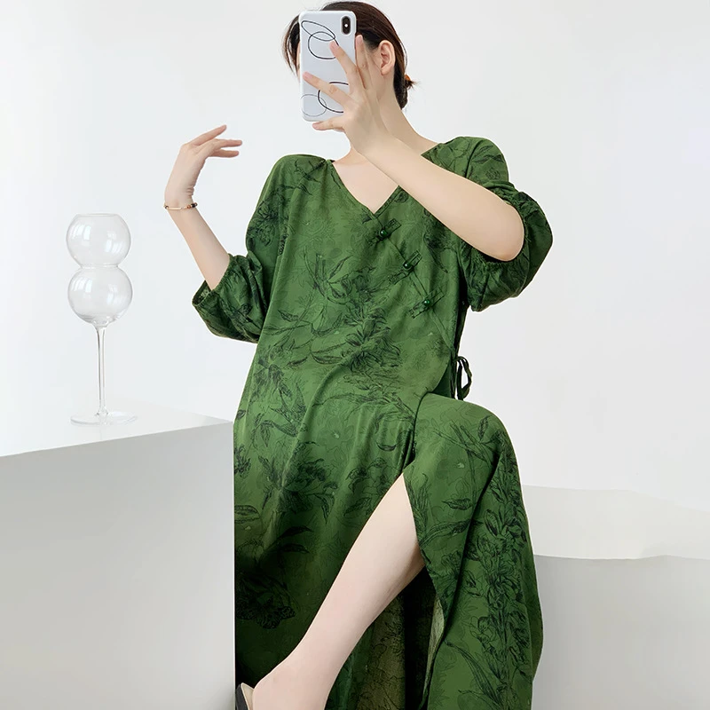 女士棉绸连衣裙春秋夏薄款人造棉长连衣裙新中式国风棉绸裙可外穿