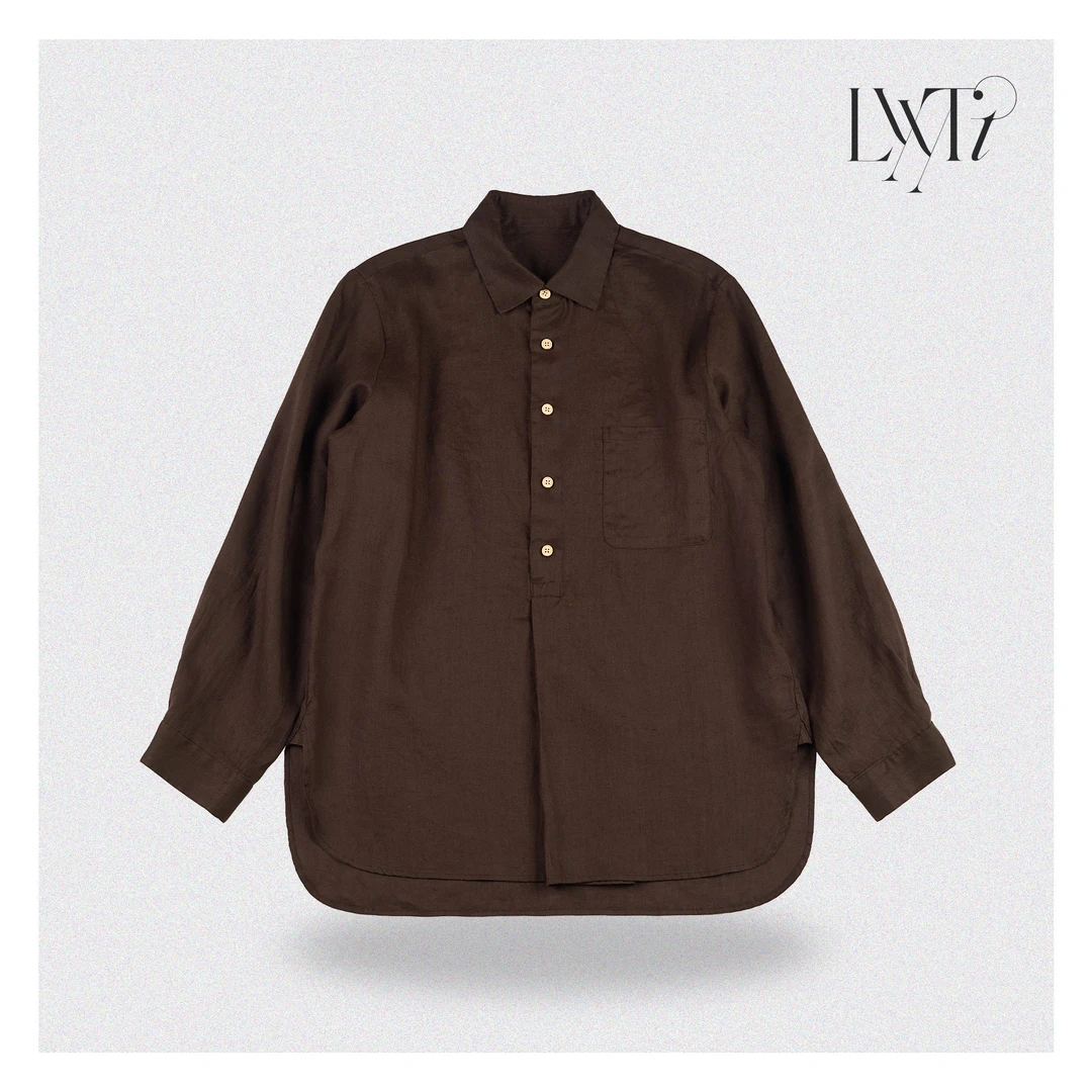 定织亚麻半开襟长袖衬衣