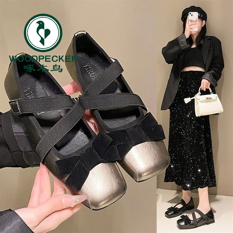 啄木鸟女鞋秋季新款蝴蝶结方头浅口平跟蝴蝶冬季单鞋复古玛丽