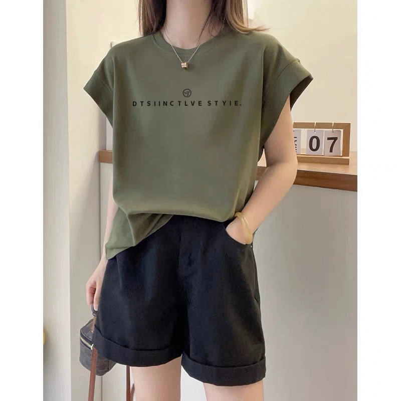 2025新款独特小飞袖正肩纯棉短袖t恤女时尚百搭减龄显瘦绿色上衣T
