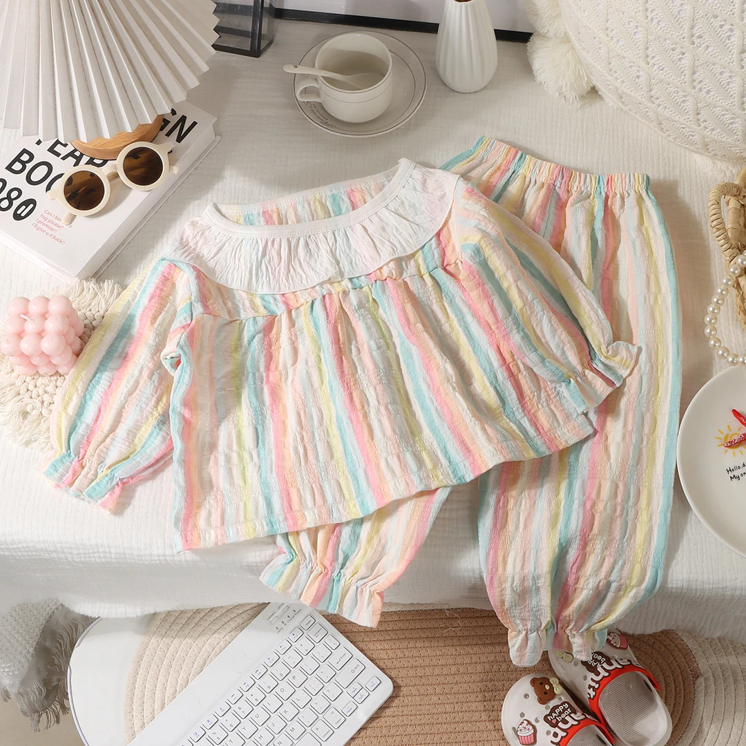 【7A抗菌时光棉】福利新款亲子装家居服女童花边甜美女童宽领花边