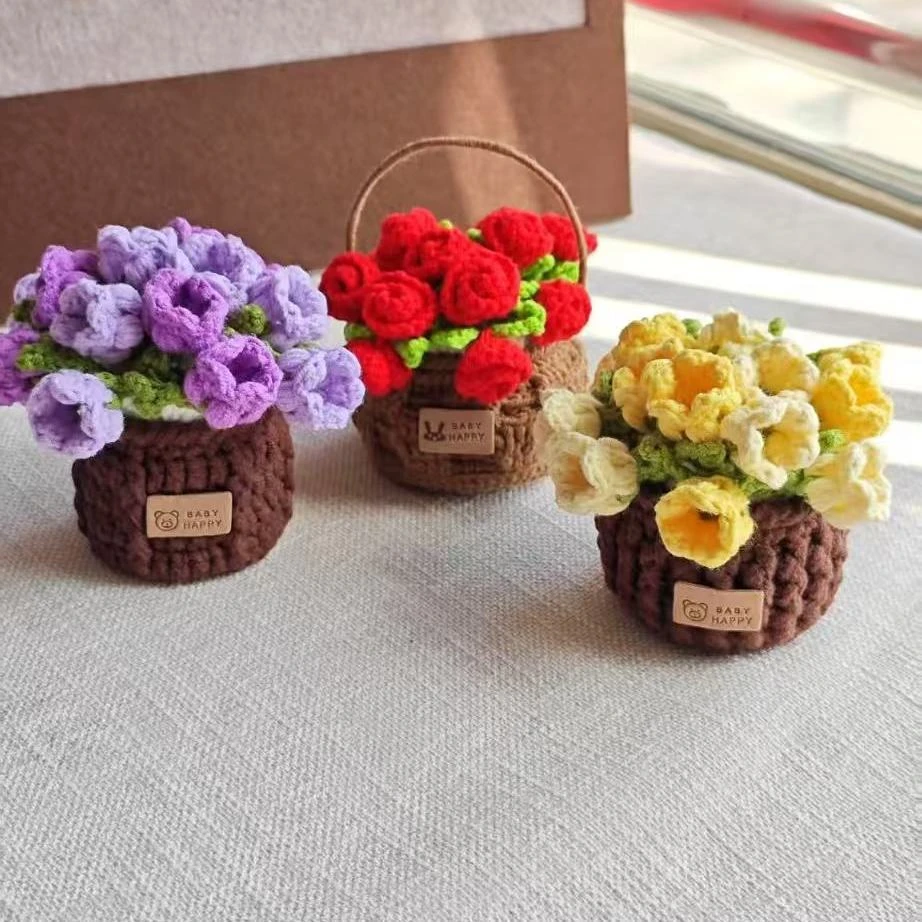 钩织玫瑰铃兰花束杯垫毛线钩织玫瑰铃兰花杯垫花篮材料包