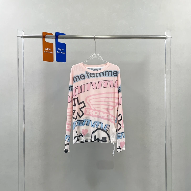 欧货时尚洋气撞色字母圆领防晒打底衫薄款网纱百搭长袖T上衣6141